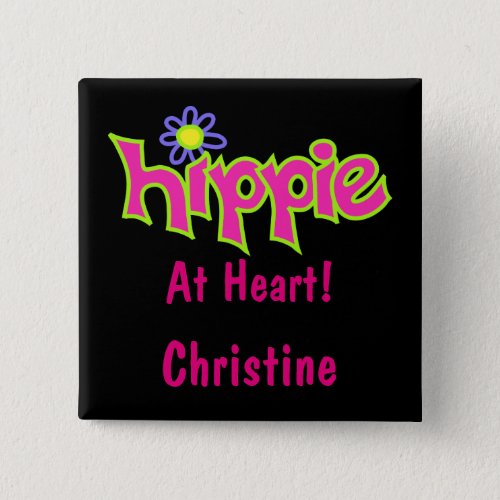 Hippie at Heart Hot Pink Art Black Name Badge Pinback Button