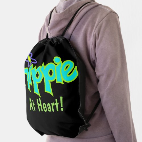 Hippie at Heart Turquoise Aqua Blue Art Black Drawstring Bag