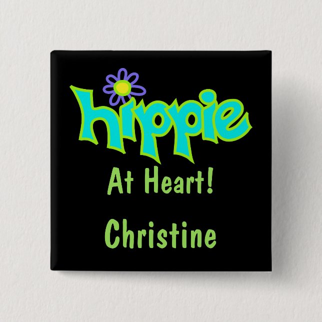 Hippie at Heart Turquoise Art Black Name Badge Pinback Button (Front)