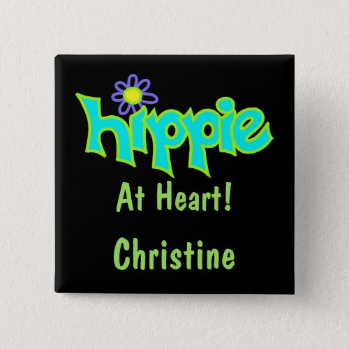 Hippie at Heart Turquoise Art Black Name Badge Pinback Button