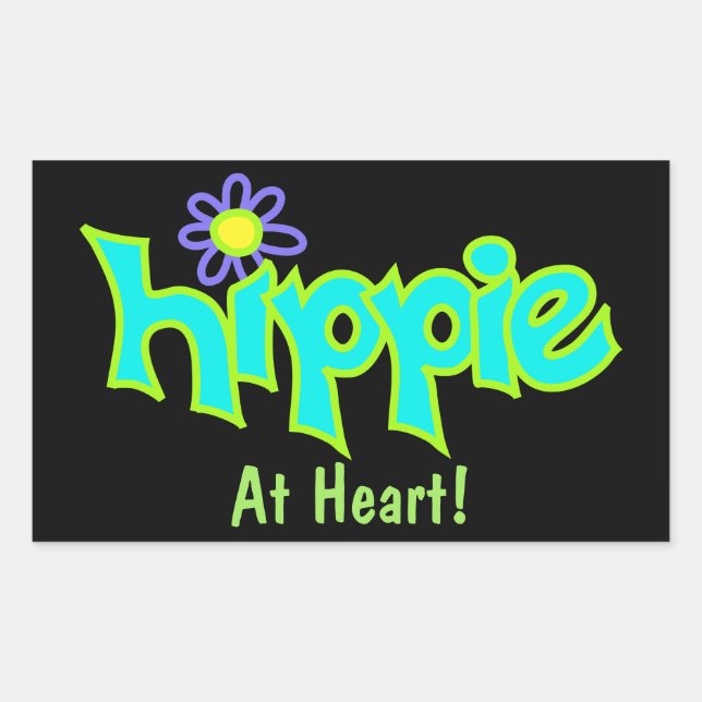 Hippie at Heart Turquoise Art on Black Custom Rectangular Sticker (Front)