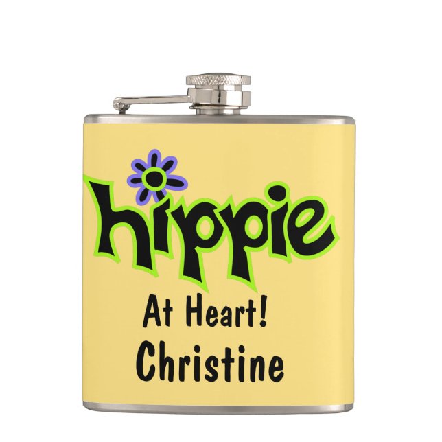 Hippie at Heart Yellow Art Name Personalized Hip Flask (Front)