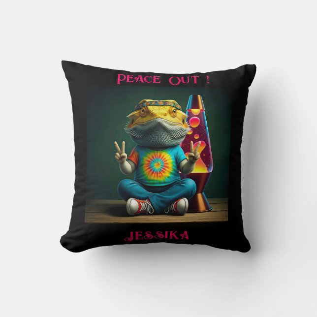 Hippie Bearded Dragon Peace Retro Custom  Throw Pillow (Front)