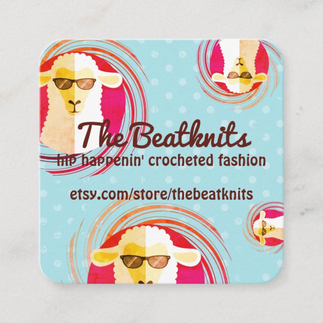 Hippie beatnik sheep knitting crochet logo square business card (Front)
