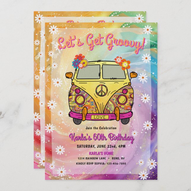 Hippie Birthday Party Invitation and Game (Front/Back)