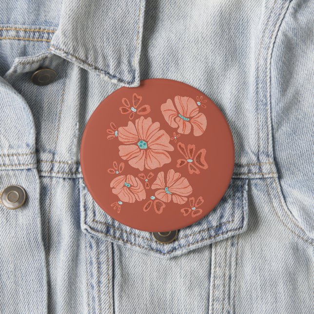 Hippie Blooms: Abstract Red Flower Power Artwork Button (In Situ)