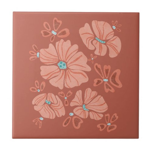 Hippie Blooms Abstract Red Flower Power Artwork Ceramic Tile