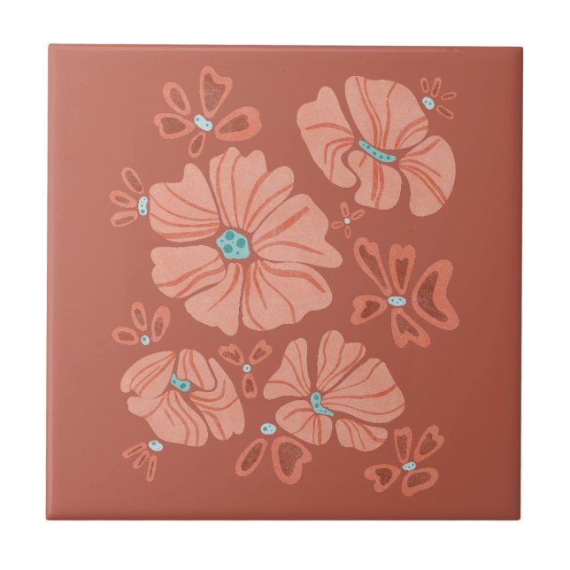 Hippie Blooms: Abstract Red Flower Power Artwork Ceramic Tile (Front)