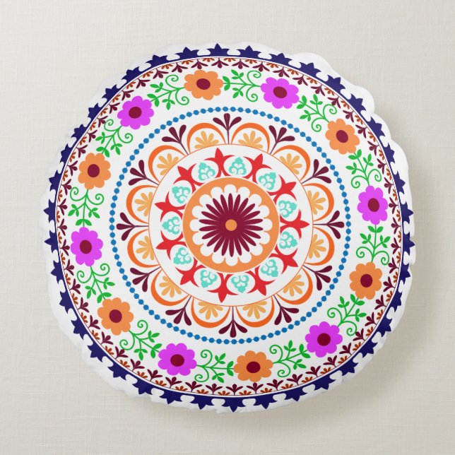 Hippie bohemian floral design round pillow-white pillow (Front)