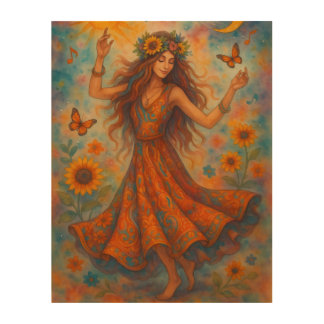 Hippie Boho Dancing Goddess – Sun, Moon & Sunflowe Wood Wall Art