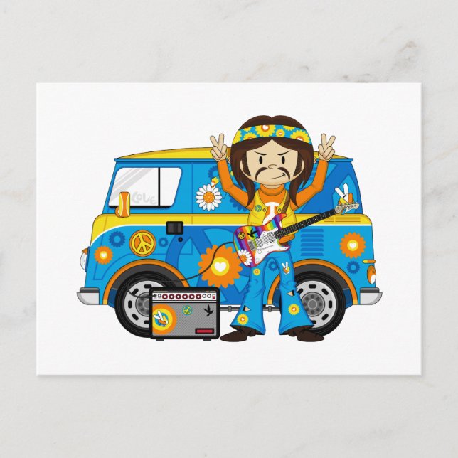 Hippie Boy with Guitar and Camper Van Postcard (Front)