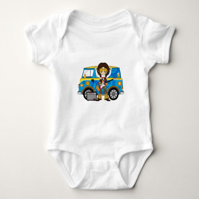 Hippie Boy with Guitar & Camper Van Baby Bodysuit (Front)