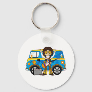 Hippie Boy with Guitar & Camper Van Keychain