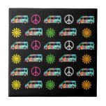Hippie Bus Peace Sign 70s Black Ceramic Tile<br><div class="desc">Cute hippie decorative tile with fun retro camper bus pattern of peace signs and pretty flowers in cool neon hippy colors.</div>