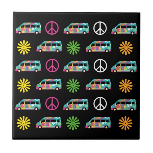 Hippie Bus Peace Sign 70s Black Ceramic Tile