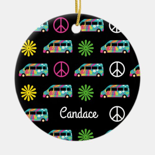 Hippie Bus Peace Sign 70s Ceramic Ornament