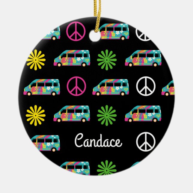 Hippie Bus Peace Sign 70s Ceramic Ornament (Front)