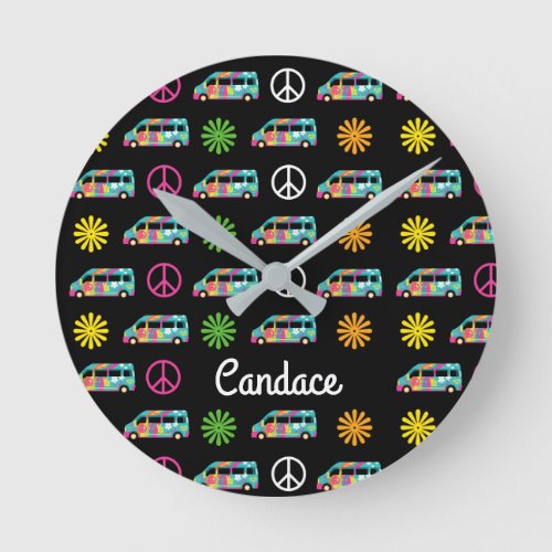 Hippie Bus Peace Sign 70s Cute Custom Round Clock