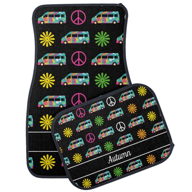 Hippie Bus Peace Sign 70s Monogram Car Floor Mat (Set)