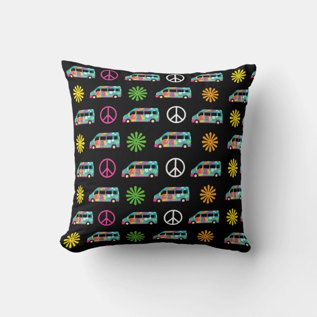 Hippie Bus Peace Sign 70s Throw Pillow (Front)