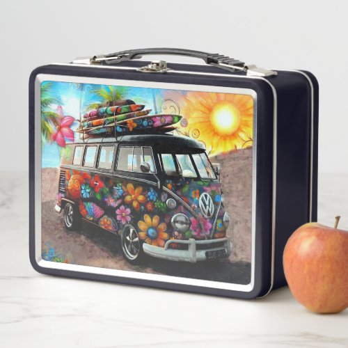 Hippie Bus Van on Tropical Beach wSurf Boards Metal Lunch Box