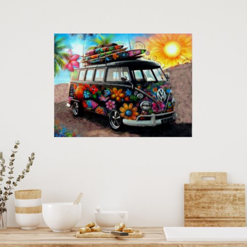Hippie Bus Van on Tropical Beach wSurf Boards Poster