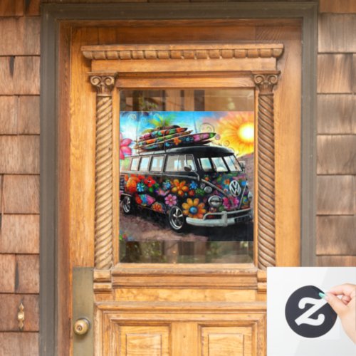 Hippie Bus Van on Tropical Beach wSurf Boards Window Cling