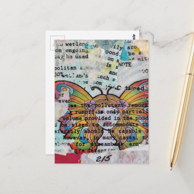 Hippie Butterfly Woman Mixed Media Collage Postcard (Front/Back In Situ)