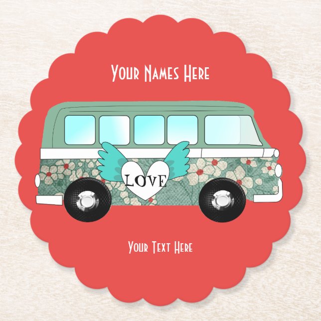 Hippie Camper Van Love Heart Fun Romantic Paper Coaster (Front)