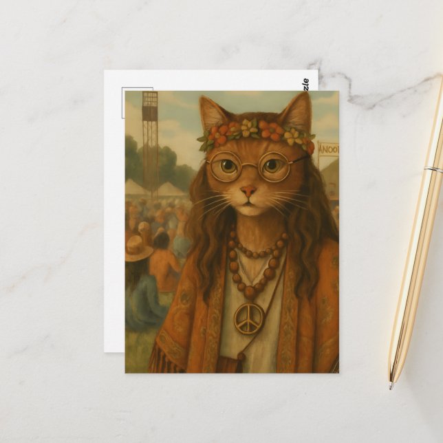 Hippie Cat at a Music Festival Postcard (Front/Back In Situ)