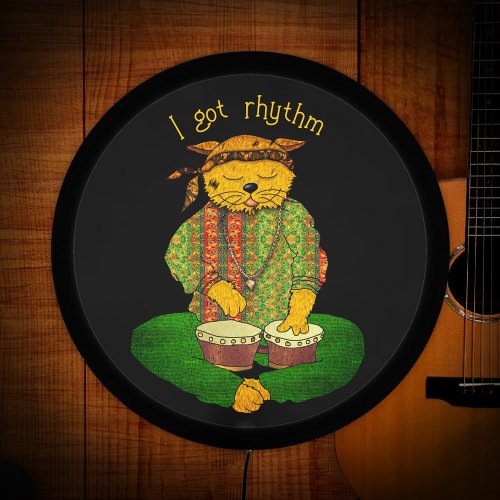 Hippie Cat Playing Bongos Has Rhythm LED Sign