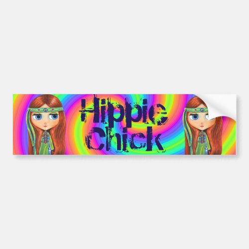 Hippie Chick 1960s Tie Dye Big Eye Doll Headband Bumper Sticker