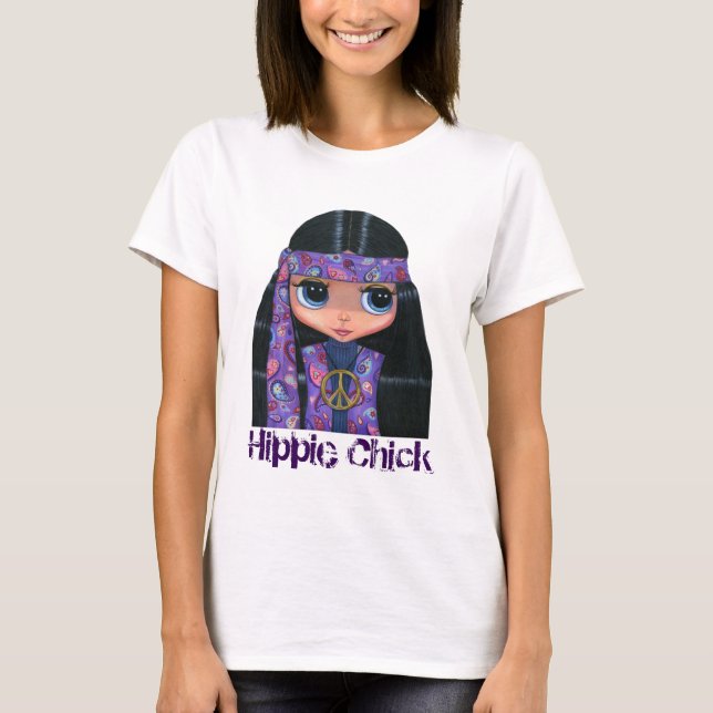 Hippie Chick in Purple 1960s Peace Sign T-Shirt (Front)
