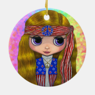 Hippie Chick in Stars and Stripes Peace Sign Cute Ceramic Ornament
