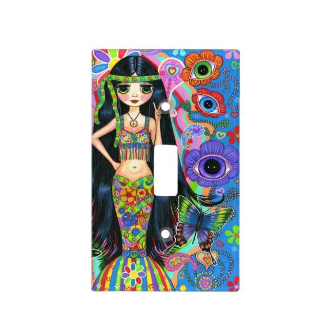 Hippie Chick Mermaid Girl Headband Peace Sign Cute Light Switch Cover (Front)