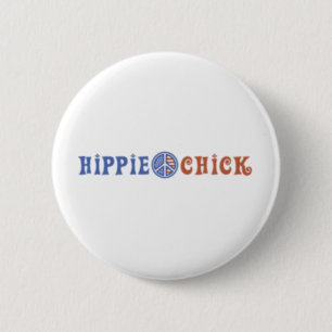 Hippie Chick with Peace Sign Pinback Button