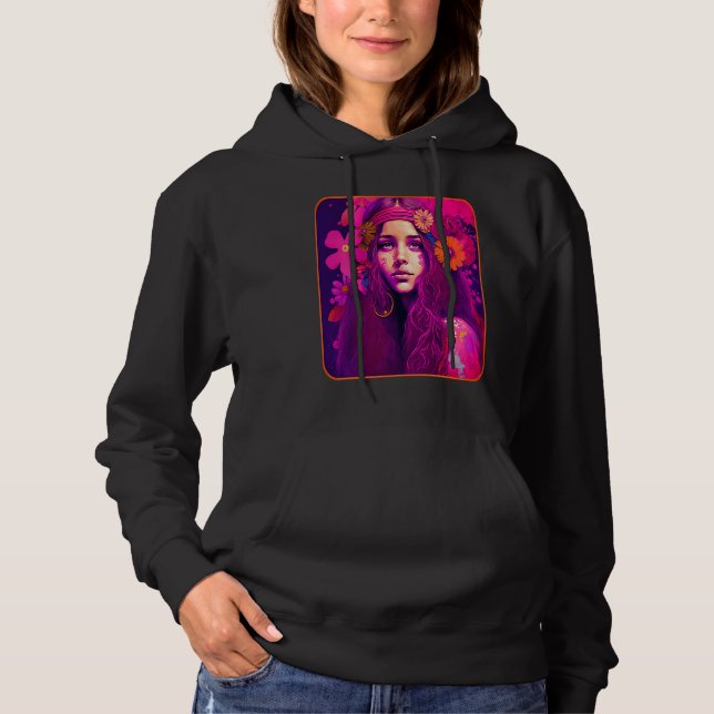 Hippie Child In Pink With Flowers In Her Hair Retr Hoodie (Front)
