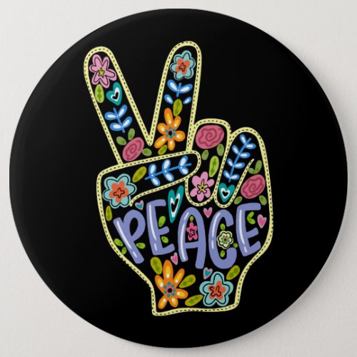 Hippie Colorful Floral Peace Fingers Cute Wildflow Button