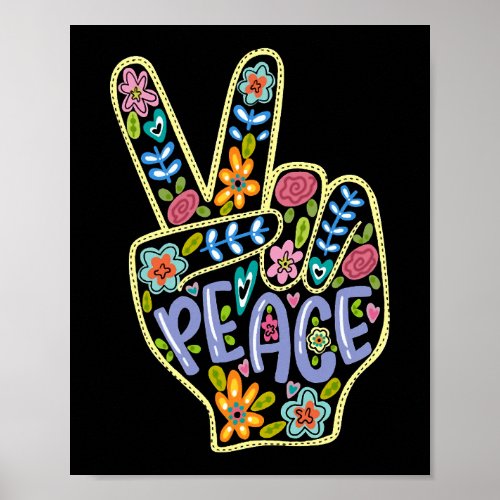 Hippie Colorful Floral Peace Fingers Cute Wildflow Poster