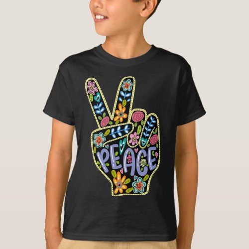 Hippie Colorful Floral Peace Fingers Cute Wildflow T_Shirt