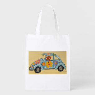 Hippie Dachshund in car  Grocery Bag