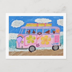 Hippie Dachshunds in Flower Child Van at the Beach Invitation Postcard