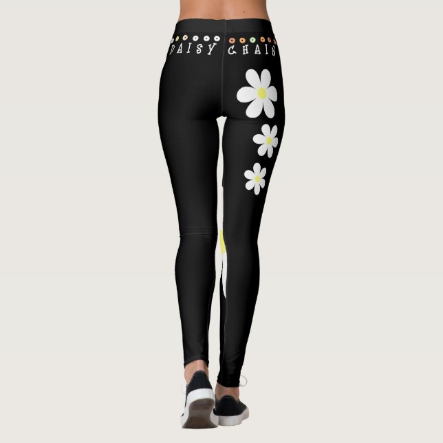 Hippie Daisy Chain Flower Boho Black White Yoga Leggings (Back)