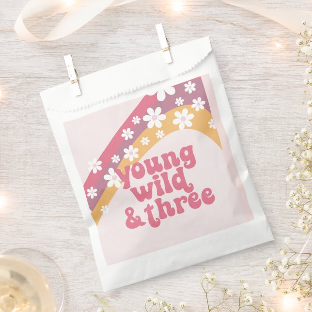 hippie Daisy Young Wild and Three Birthday Favor Bag (Clipped)
