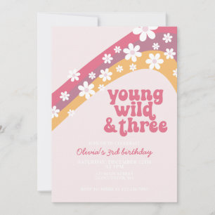 Hippie Daisy Young Wild and Three Birthday Invitation