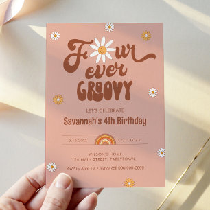 HIPPIE DAZE Four Ever Groovy - 4th Birthday Party Invitation