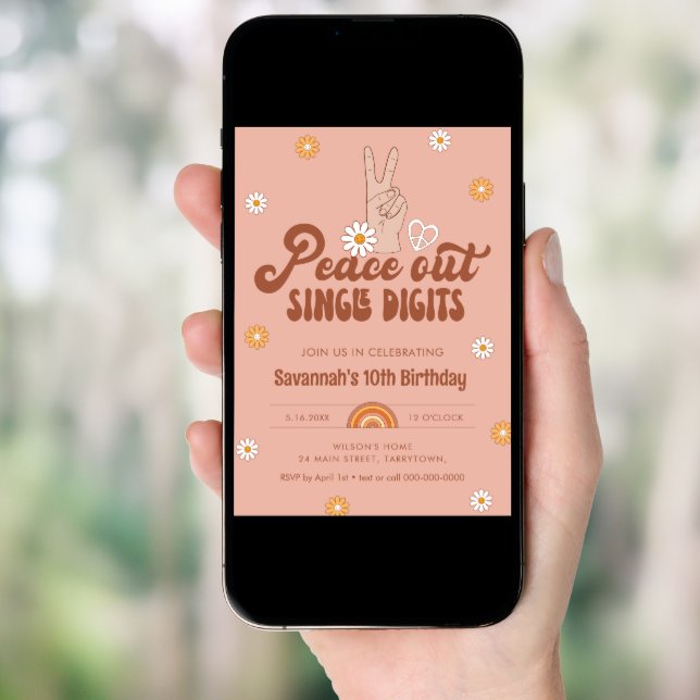 HIPPIE DAZE Peace Out Single Digits 10th Birthday Invitation (Front Digital)