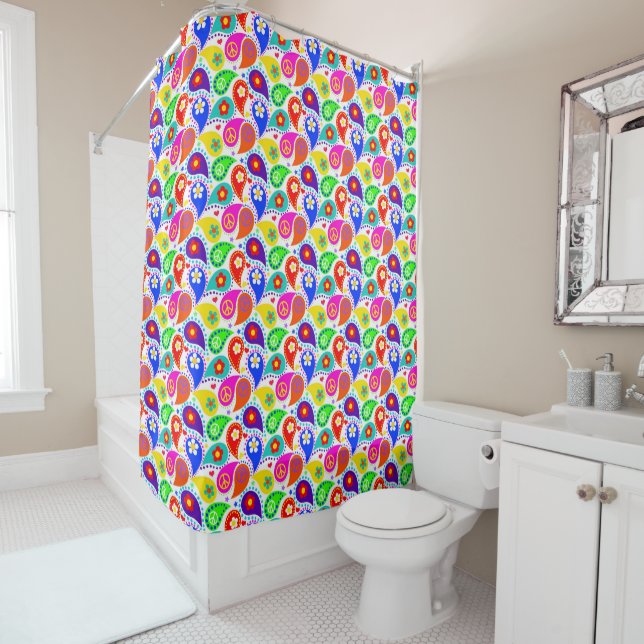 Hippie Daze, Peace Signs, Colorful Shower Curtain (In Situ)