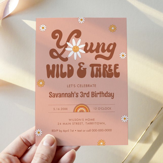HIPPIE DAZE Young Wild And Three, 3rd Birthday Invitation (Creator Uploaded)