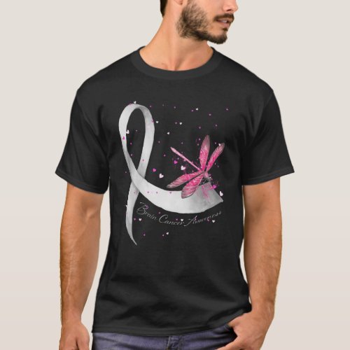 Hippie Dragonfly Gray Ribbon Brain Cancer Awarenes T_Shirt